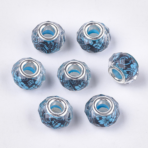 

PandaHall Resin European Beads, Large Hole Beads, with Silver Color Plated Brass Cores, Faceted, Rondelle, Flower Pattern, Light Sky Blue...