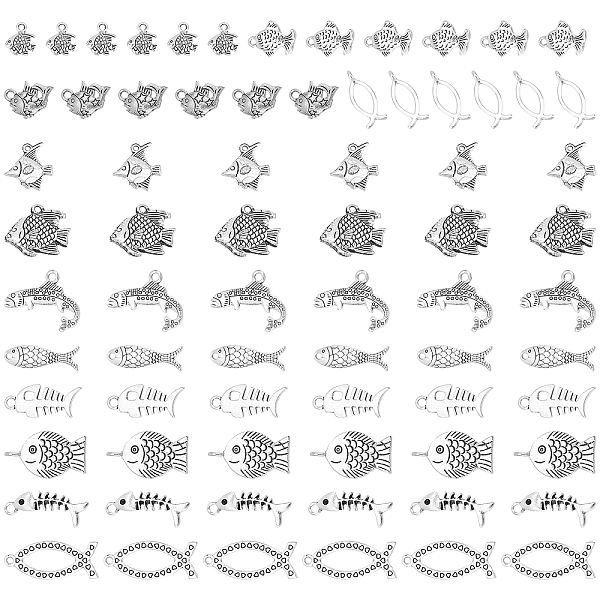

PandaHall 72Pcs 12 Style Tibetan Style Alloy Pendants, Fish, Antique Silver, 11~31x11.5~24.5x1.5~8mm, Hole: 1.2~2mm, 6pcs/style Alloy Fish