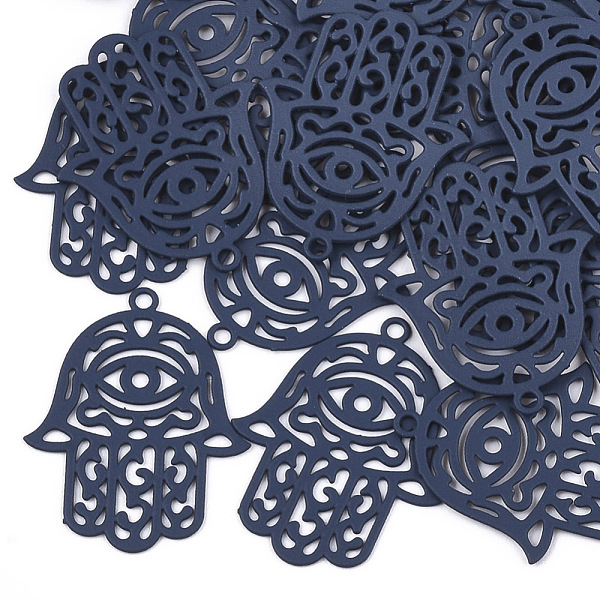 

PandaHall 430 Stainless Steel Filigree Pendants, Spray Painted, Etched Metal Embellishments, Hamsa Hand/Hand of Fatima/Hand of Miriam with..., Blue