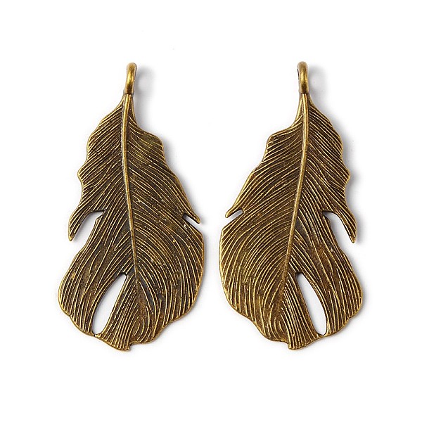 PandaHall Tibetan Style Alloy Pendants, Feather, Antique Bronze, Lead Free and Cadmium Free, 49x24x2mm, Hole: 3.5mm Alloy Feather
