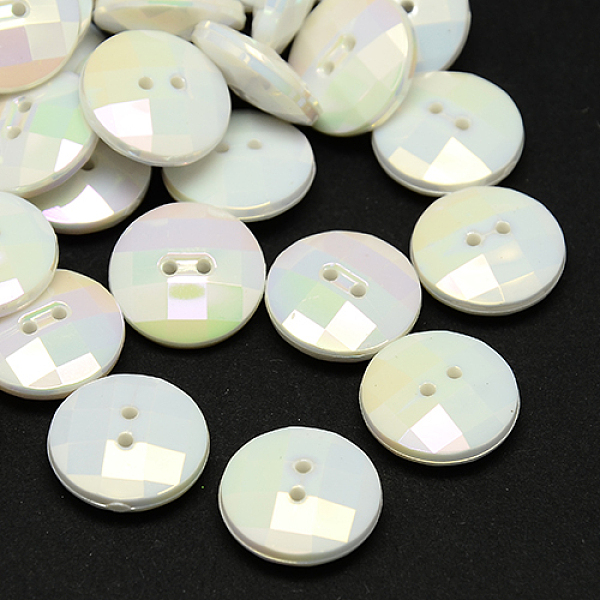 PandaHall Taiwan Acrylic Buttons, Pearl Luster, Faceted, 2-Hole, Flat Round, White, 15x5mm, Hole: 1mm Acrylic Flat Round White