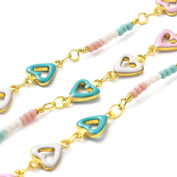 

PandaHall Handmade Brass Enamel Heart Link Chains, Glass Beaded Chains, Real 18K Gold Plated, Soldered, with Spool, Cadmium Free & Lead Free...