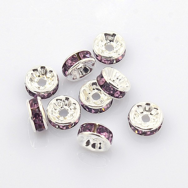 

PandaHall Brass Rhinestone Spacer Beads, Grade A, Silver Color Plated, Rondelle, Purple, Size: about 8mm in diameter, 3.5mm thick, hole: 2mm...