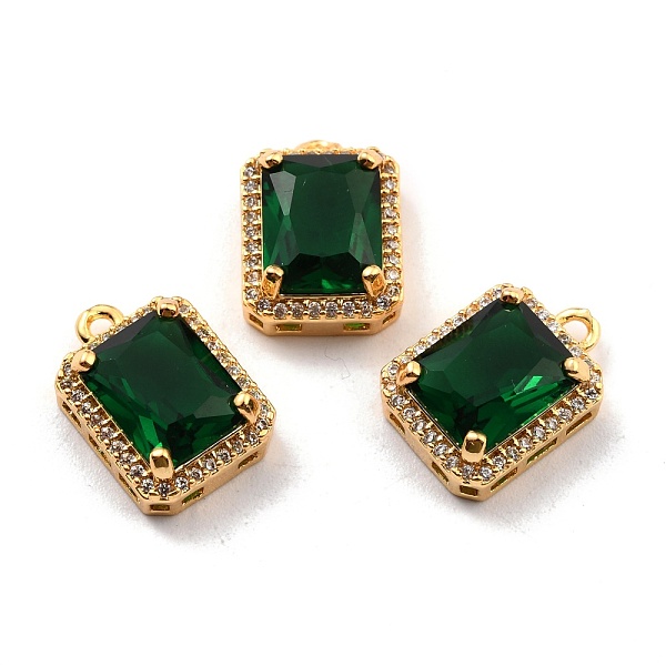 pandahall rack plating brass micro pave green cubic zirconia charms, long-lasting plated, rectangle, real 18k gold plated, 15x10.5x6mm, hole...