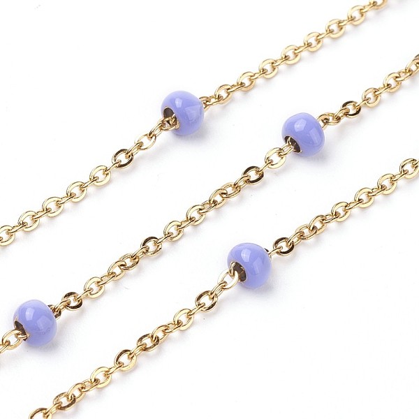 

PandaHall Ion Plating(IP) 304 Stainless Steel Cable Chains, with Beads, Enamel and Spool, Soldered, Flat Oval , Lilac, 4.9x3.4mm, about 32.8..., Purple