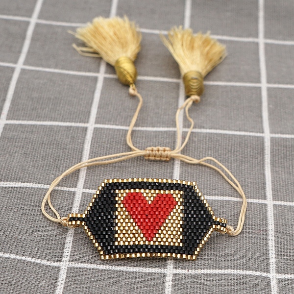 

PandaHall Adjustable Nylon Cord Braided Bead Bracelets, with Glass Seed Beads, Polygon with Heart, Colorful, 11 inch(28cm) Glass