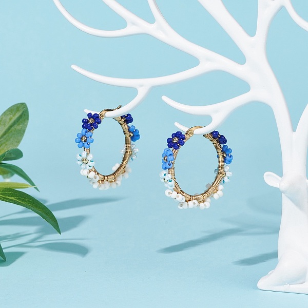 

PandaHall Glass Seed Braided Flower Hoop Earring, Gold Plated 304 Stainless Steel Wire Wrap Jewelry for Women, Blue, 36x8.5mm, Pin: 0.7mm...