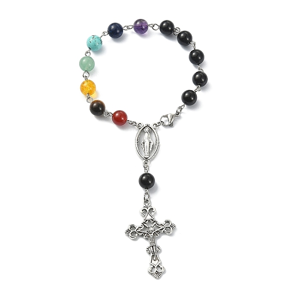 

PandaHall Natural Black Onyx & Mixed Gemstone Rosary Bead Bracelet, Alloy Cross & Virgin Mary Charm Bracelet for Women, 7-1/4 inch(18.5cm)...