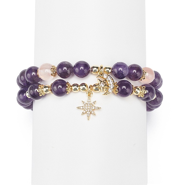 

PandaHall 2Pcs 2 Style Natural Amethyst & Rose Quartz Beaded Stretch Bracelets Set, Clear Cubic Zirconia Moon & Star Charms Stackable...