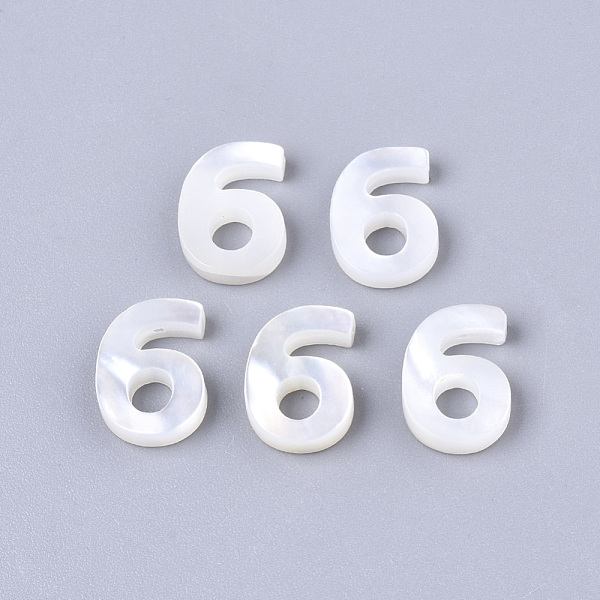 PandaHall Natural White Shell Mother of Pearl Shell Charms, Number, Num.6, 10x7x2mm, Hole: 0.8mm White Shell Number White