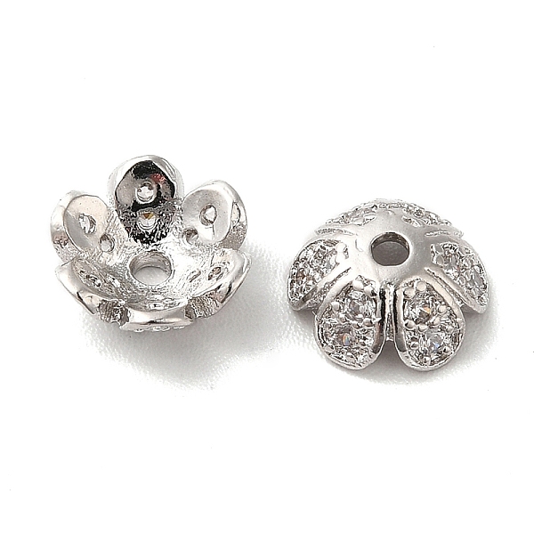 

PandaHall Brass Micro Pave Cubic Zirconia Bead Cap, 6-Petal Flower, Platinum, 8x3mm, Hole: 1.2mm Brass+Cubic Zirconia