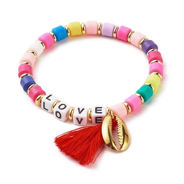 

PandaHall Word Love Beads Stretch Bracelet for Girl Women, Cowrie Shell Shape & Tassel Charm Bracelet, Golden, Colorful, Inner Diameter...