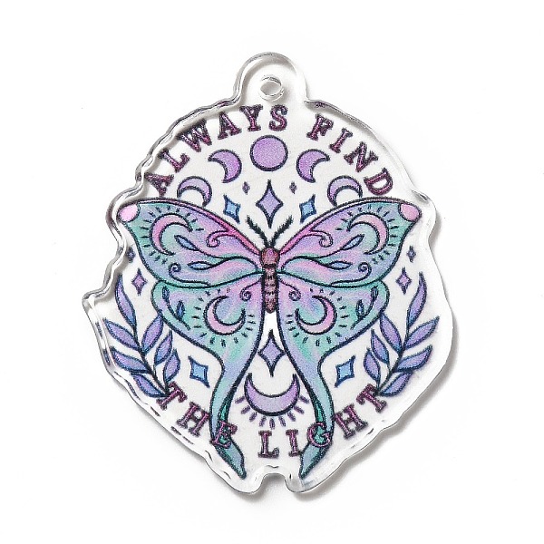 

PandaHall Halloween Printed Acrylic Pendants, Word Always Find The Light, Butterfly Pattern, 43x35x2.3mm, Hole: 2.3mm Acrylic Butterfly