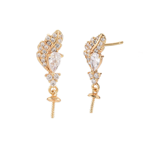 

PandaHall Feather Shape Brass Micro Pave Clear Cubic Zirconia Earring Findings, for Half Drilled Beads, Nickel Free, Real 18K Gold Plated...