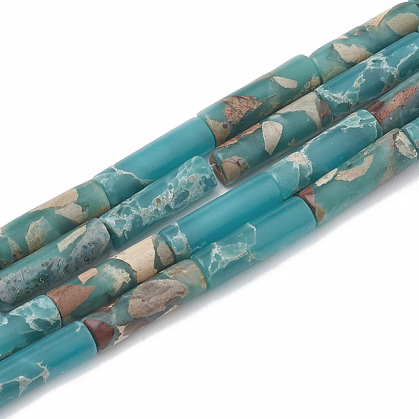 

PandaHall Chips Synthetic Aqua Terra Jasper Beads Strands, Column, Dark Cyan, 12~13x4~4.5mm, Hole: 1~1.2mm, about 30pcs/strand, 15.9 inch...