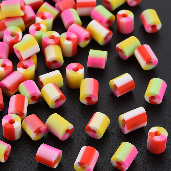 

PandaHall Handmade Polymer Clay Beads, 6 Tone, Column, Crimson & White & Pink & Gold & Hot Pink & Light Green, 5x2.5~6.5mm, Hole: 1.8mm...