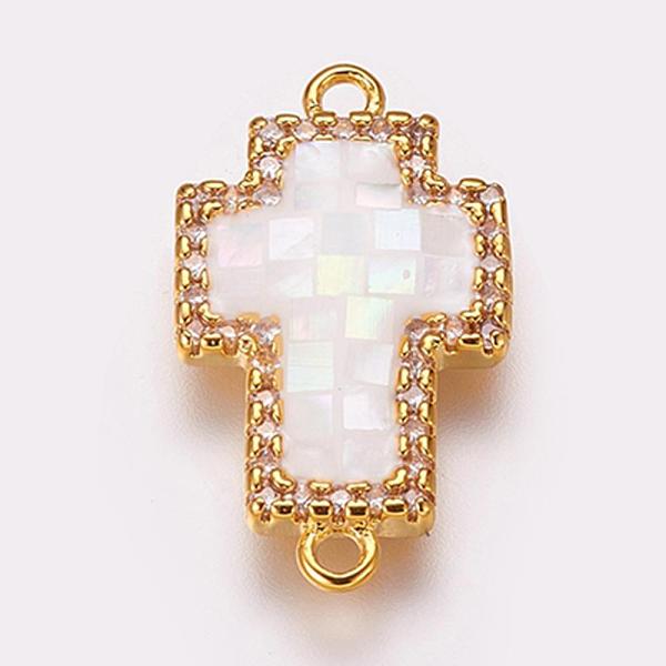 

PandaHall Brass Micro Pave Cubic Zirconia Links, with Freshwater Shell, Cross, Golden, 20x12x2.5mm, Hole: 1mm Brass+Cubic Zirconia Cross..., White