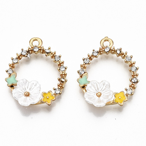 

PandaHall Alloy Enamel Pendants, with Crystal Rhinestone and Resin, Cadmium Free & Lead Free, Ring with Flower & Butterfly, Light Gold..., White