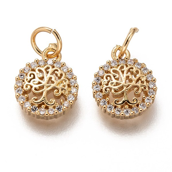 

PandaHall Brass Micro Pave Clear Cubic Zirconia Charms, Long-Lasting Plated, with Jump Ring, Flat Round with Tree of Life, Golden...