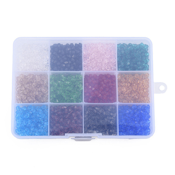 

PandaHall 2160Pcs 12 Color Transparent Glass Beads, Faceted, Bicone, Mixed Color, 4.5x4mm, Hole: 1mm, 180Pcs/color Glass Bicone Multicolor