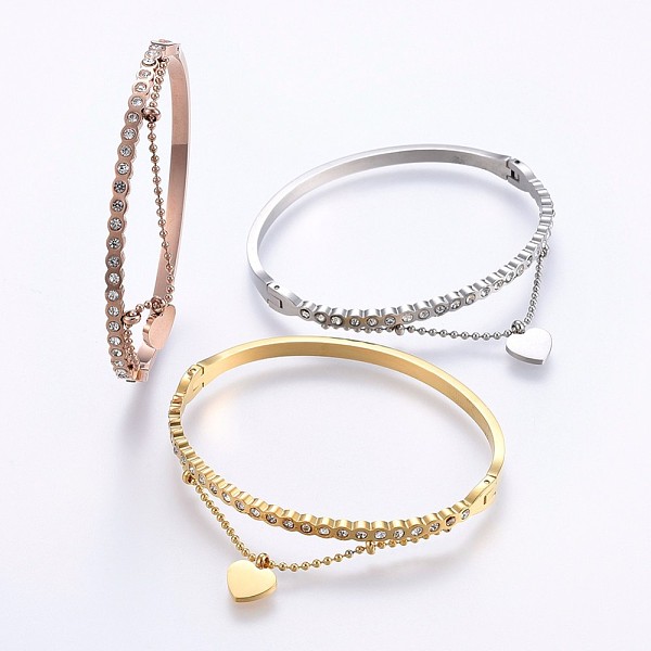 

PandaHall 304 Stainless Steel Bangles, with Rhinestone, Heart, Mixed Color, 5.8x4.8cm, 1.5~6mm Rhinestone Clear