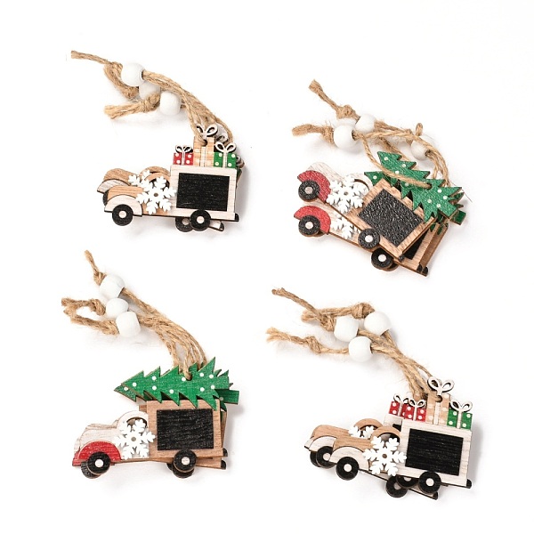 

PandaHall Christmas Theme Wood Big Pendant Decorations, with Hemp Rope and Wood Beads, Car with Gift Boxes & Christmas Tree, Mixed Color..., Multicolor