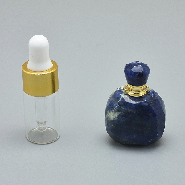 PandaHall Natural Sodalite Openable Perfume Bottle Pendants, with Brass Findings and Glass Essential Oil Bottles, 39~50x26~29x16~21mm, Hole...