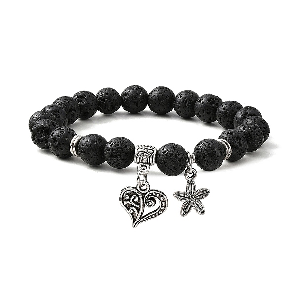 

PandaHall Natural Lava Rock Round Beaded Stretch Bracelets, with Tibetan Style Alloy Heart Charms, Inner Diameter: 2 inch(5cm) Lava Rock...