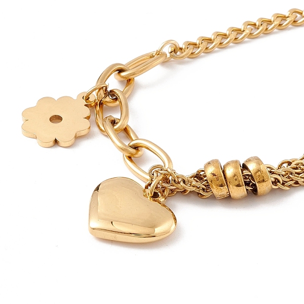 

PandaHall 201 Stainless Steel Flower & Heart Charm Bracelet for Women, Golden, 6-7/8 inch(17.5cm) 304 Stainless Steel
