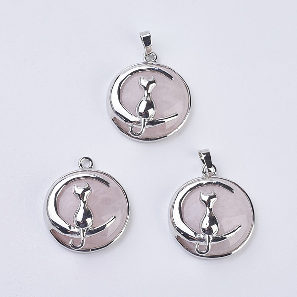 

PandaHall Natural Rose Quartz Kitten Pendants, with Brass Findings, Flat Round with Cat & Crescent Moon Shape, Platinum, 32x27.5x10mm, Hole...