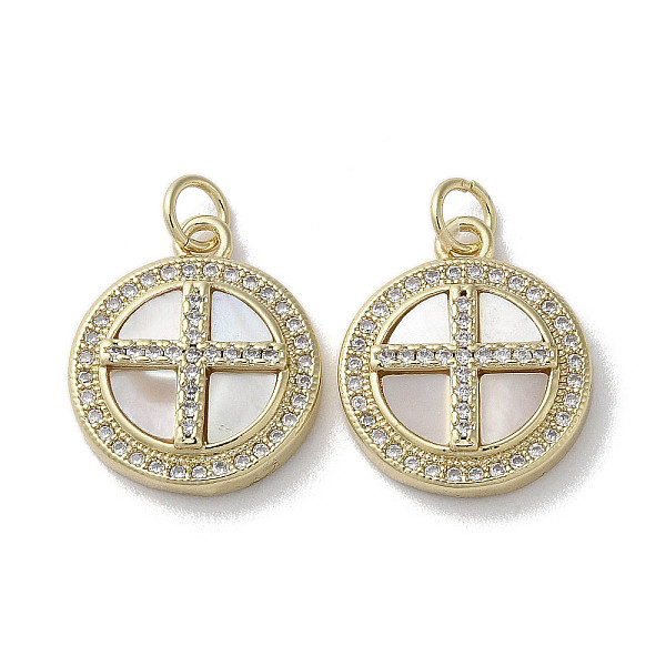 

PandaHall Brass Micro Pave Clear Cubic Zirconia Cross Pendants, Natural Shell Flat Round Charms with Jump Rings, Real 18K Gold Plated...