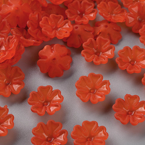 

PandaHall Transparent Frosted Acrylic Bead Caps, 5-Petal, Flower, Orange Red, 16.5x6mm, Hole: 1.6mm, about 959pcs/500g Acrylic