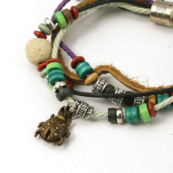 

PandaHall Lava Rock Beads Bracelets, Waxed Cotton Cord and Leather Cord with Alloy Findings and Wood Beads, Beige, 44mm Lava Rock Yellow