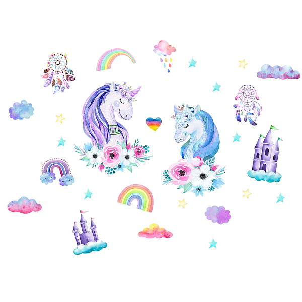 PandaHall PVC Wall Stickers, for Wall Decoration, Unicorn & Castle & Rainbow Pattern, Colorful, 390x900mm, 2pcs/set Plastic Unicorn
