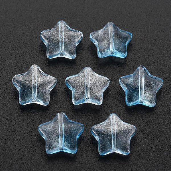 

PandaHall Two Tone Transparent Spray Painted Glass Beads, with Glitter Powder, Star, Light Sky Blue, 12.5x13x5mm, Hole: 1mm Glass Star