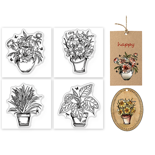 

PandaHall 4Pcs 4 Styles PVC Stamp, for DIY Scrapbooking, Potted Plant, 55x55mm, 1pc/style Plastic Other Plants