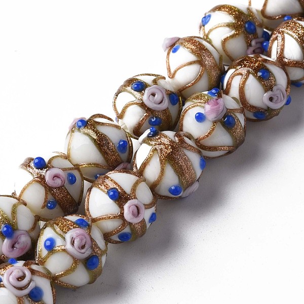 

PandaHall Handmade Gold Sand Lampwork Beads Strands, Round with Flower, White, 13~15x11~13mm, Hole: 1.6mm, about 45pcs/strand, 20.47...