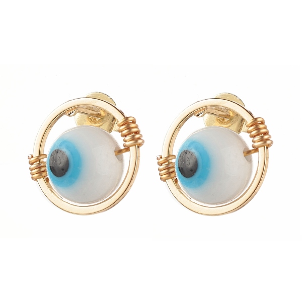 PandaHall Evil Eye Lampwork Round Beads Stud Earrings, Wire Wrap Brass Earring, Golden, White, 13x12mm, Pin: 0.7mm Lampwork Evil Eye White