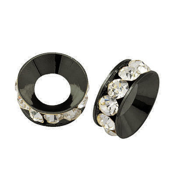 

PandaHall Brass Rhinestone Spacer Beads, Grade A, Rondelle, Gunmetal, Crystal, about 9mm in diameter, 4mm thick, hole: 4mm Brass+Rhinestone..., Clear