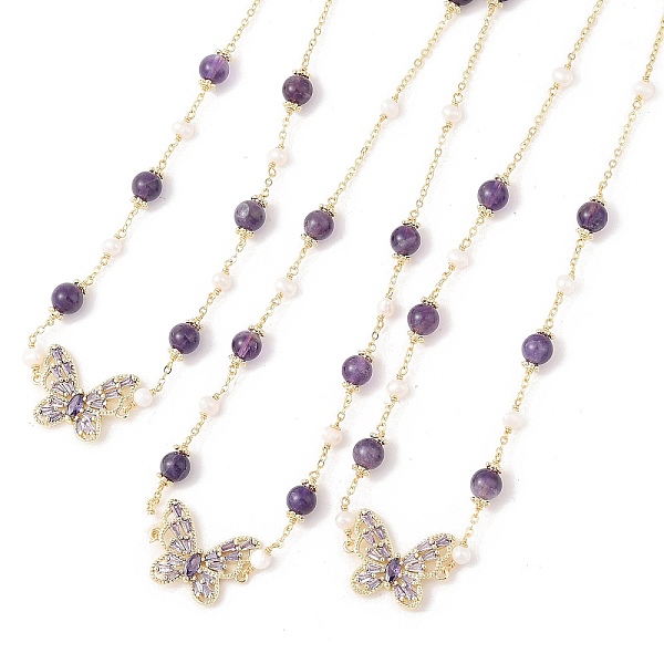 

PandaHall Natural Amethyst & Pearl Beaded Necklaces, Brass Butterfly Pendant Necklaces, Real 14K Gold Plated, 14.96 inch(38cm) Pearl