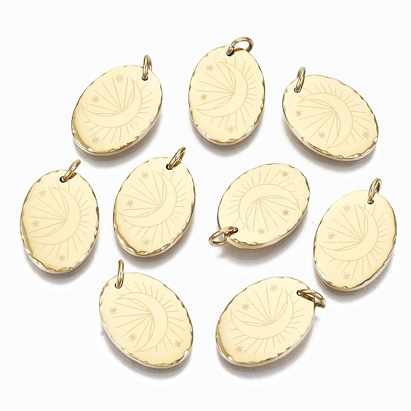 

PandaHall 304 Stainless Steel Pendants, witih Jump Rings, Oval with Moon & Star, Real 14K Gold Plated, 17.5x12.5x2mm, Jump Ring: 5x0.8mm...