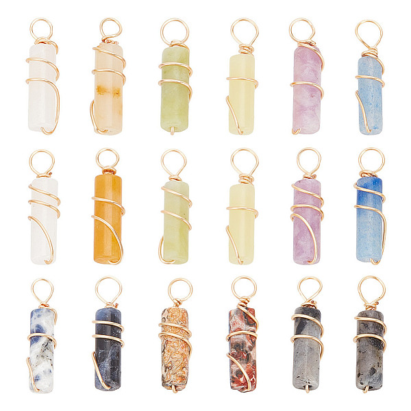 

PandaHall ARRICRAFT 18Pcs 9 Styles Natural Mixed Gemstone Pendants, Column Charms with Light Gold Tone Eco-Friendly Copper Wire Wrapped...