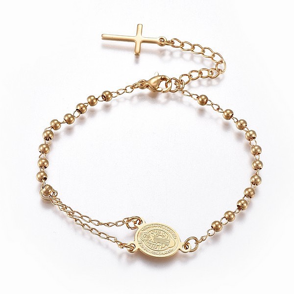 

PandaHall 201 Stainless Steel Charm Bracelets, Religion Theme, Oval and Cross, Rosary Center Pieces, Golden, 6-3/4 inch(17~17.2cm), 2.8mm...