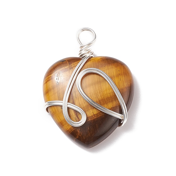 

PandaHall Natural Tiger Eye Pendants, with Silver Tone Copper Wire Wrapped, Heart, 39~41x30~30.5x8.5~9.5mm, Hole: 4~4.2mm Tiger Eye Heart