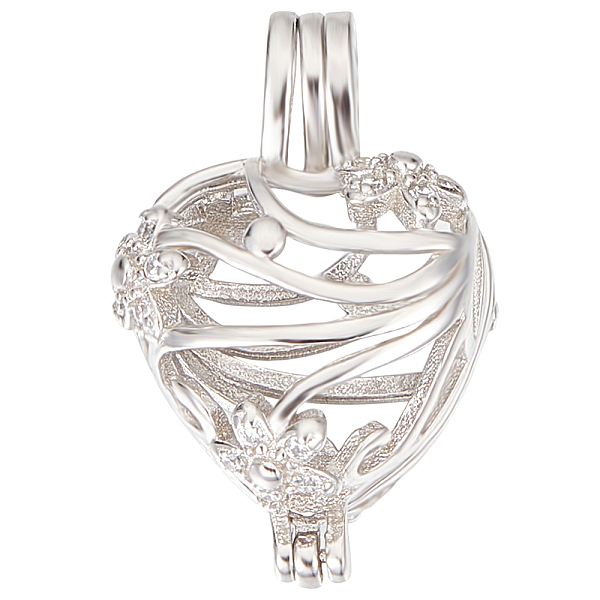 

PandaHall Beebeecraft 1Pc Rhodium Plated 925 Sterling Silver Empty Bead Cage Pendants, with Clear Cubic Zirconia, Heart, 21x15x10mm, Hole...