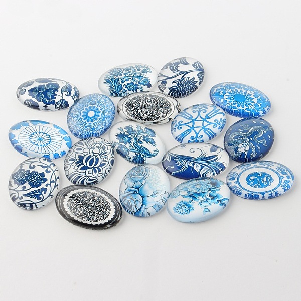 

PandaHall Blue and White Floral Theme Ornaments Glass Oval Flatback Cabochons, Mixed Color, 25x18x6mm Glass Oval Multicolor