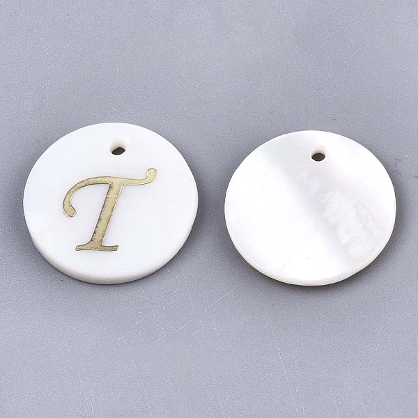 

PandaHall Natural Freshwater Shell Pendants, with Golden Plated Brass Etched Metal Embellishments, Flat Round with Letter, Letter.T, 15x2mm...