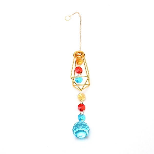 PandaHall Colorful Glass Hanging Crystal Pendant Ornament, with Iron Finding, for Window Home Decoration, Colorful, 310mm Glass Others