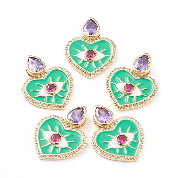

PandaHall Brass Micro Pave Cubic Zirconia Pendants, with Enamel, Long-Lasting Plated, Heart with Eye, Real 18K Gold Plated, 27x20.5x4.5mm..., Green