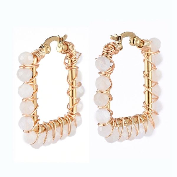 

PandaHall 201 Stainless Steel Hoop Earrings, Beaded Hoop Earrings, with Natural Rainbow Moonstone Beads, Rectangle, Golden, 28.5x31x4mm, Pin...